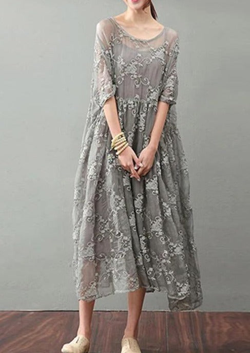 LB | Vintage Szara Sukienka Maxi Modna Sukienka Plus Size Koronkowe Rękawy Bransoletka