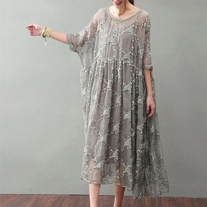 LB | Vintage Szara Sukienka Maxi Modna Sukienka Plus Size Koronkowe Rękawy Bransoletka