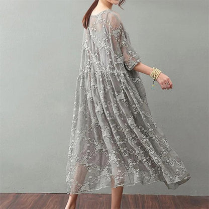 LB | Vintage Szara Sukienka Maxi Modna Sukienka Plus Size Koronkowe Rękawy Bransoletka