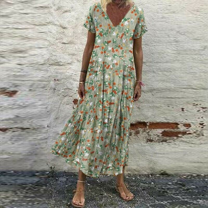 LB | Damska sukienka maxi z krótkim rękawem w stylu vintage