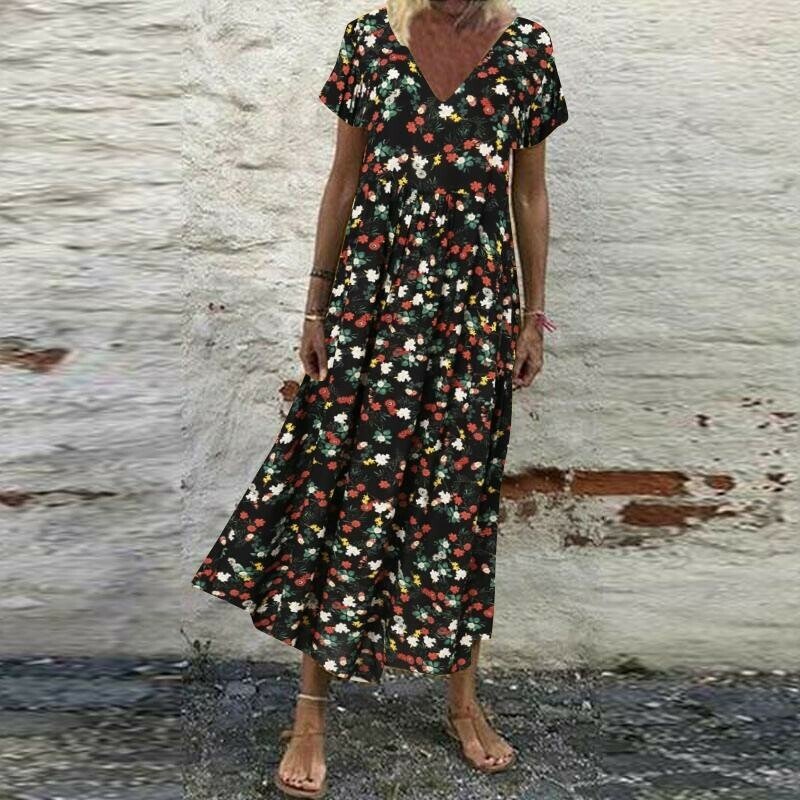LB | Damska sukienka maxi z krótkim rękawem w stylu vintage