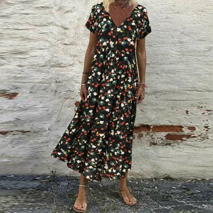 LB | Damska sukienka maxi z krótkim rękawem w stylu vintage